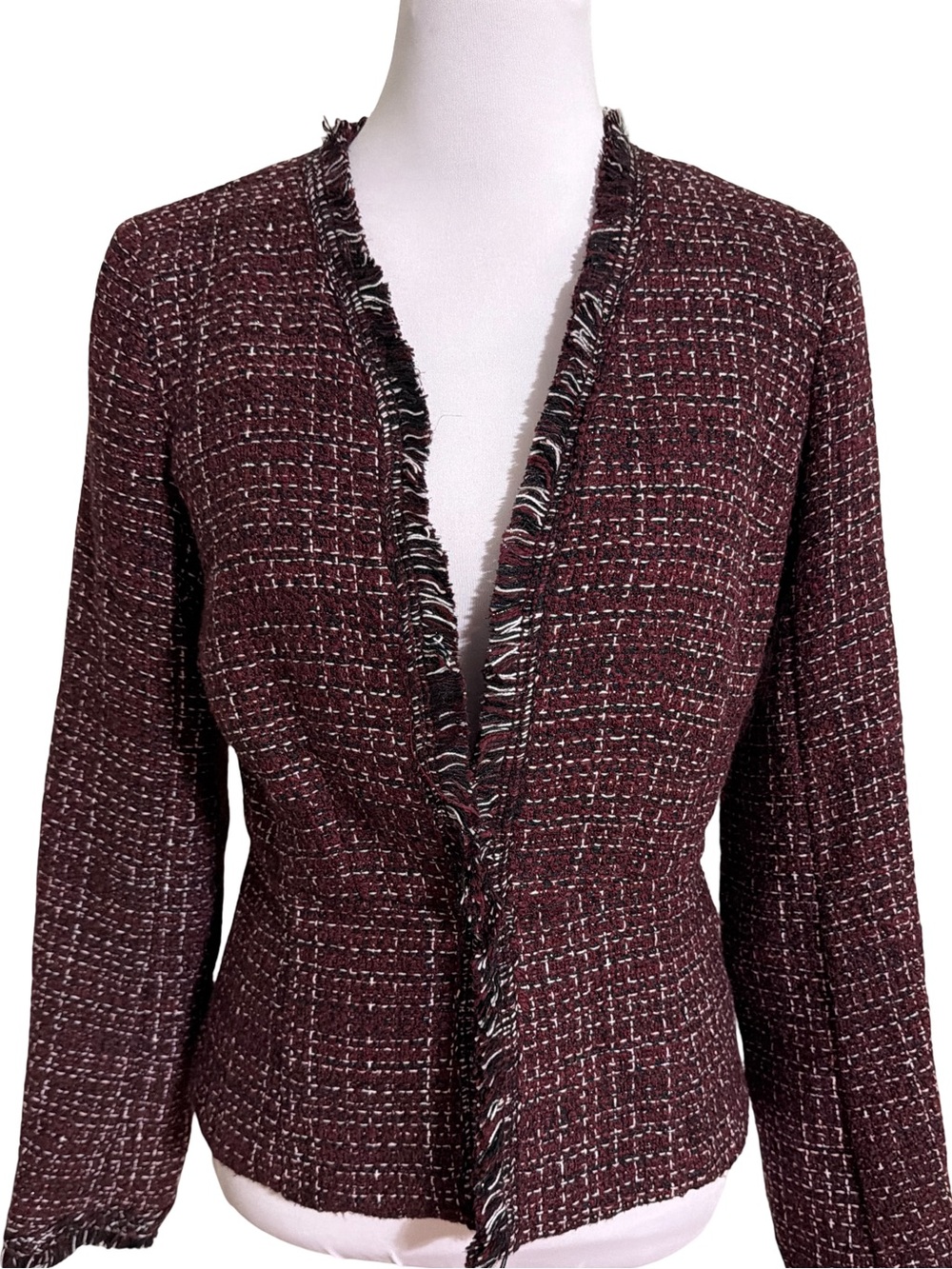 White House Black Market Burgundy Tweed Jacket Open Front